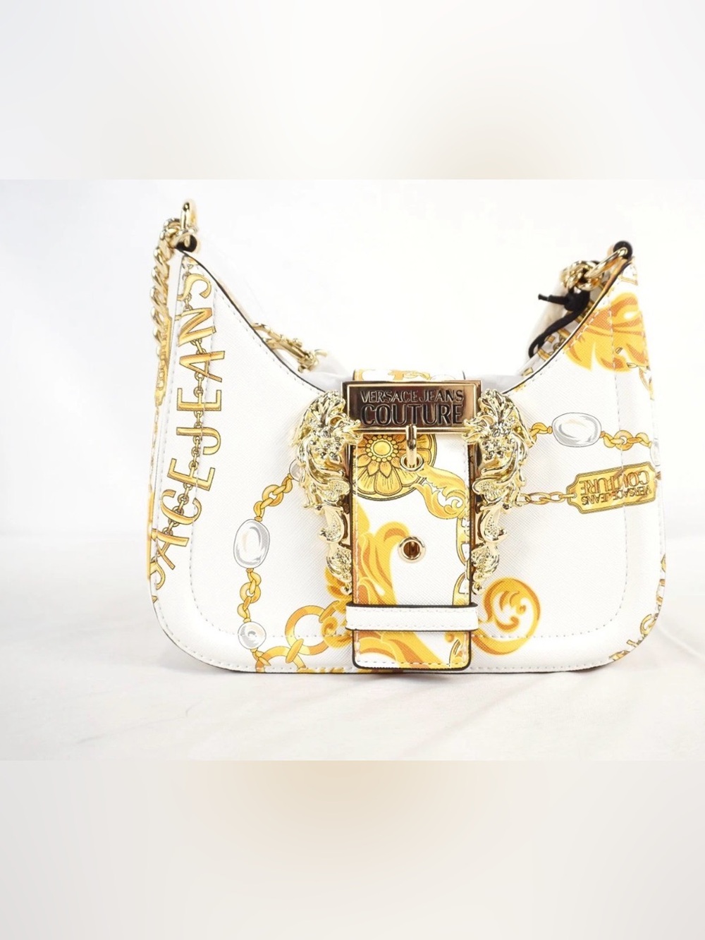 Versace Jeans Collection White & Gold Baroque Shoulder Bag with Chain